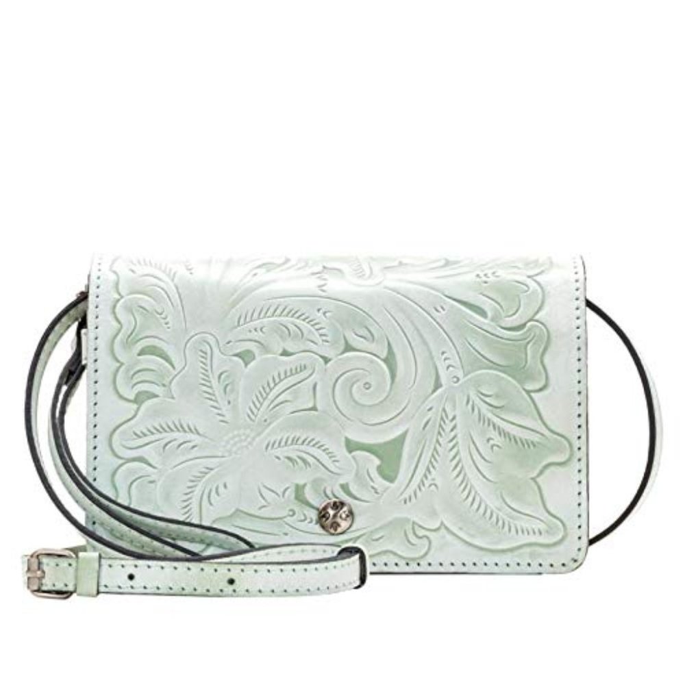 P NASH mint green TOOLED LEATHER crossbody handle FRANZIA organizer bag PURSE